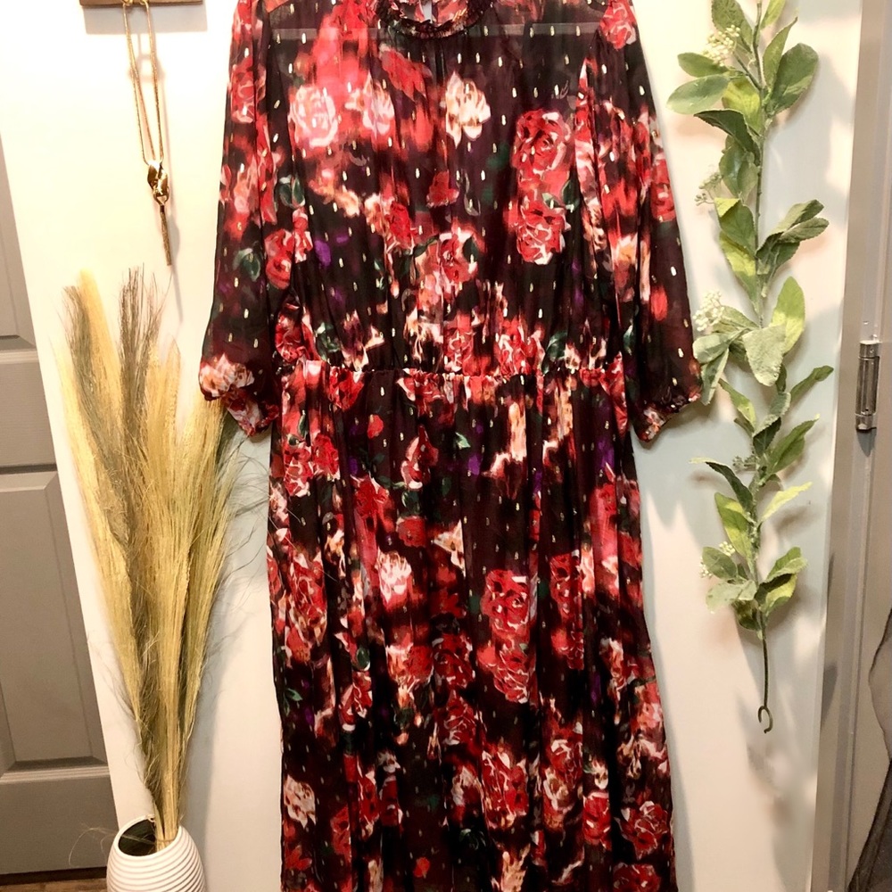 Torrid Burgundy Floral Chiffon Mock Neck Midi Dress